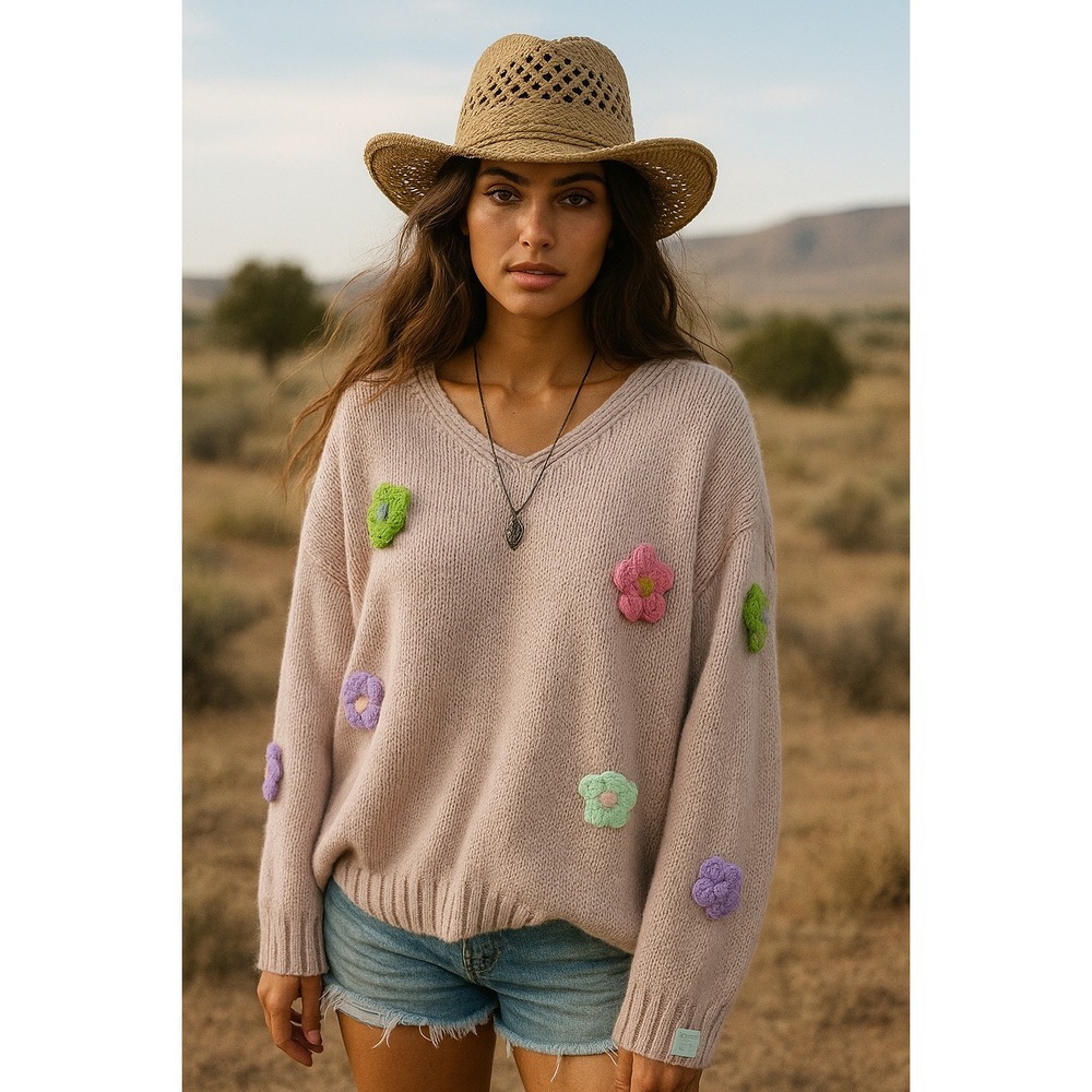 Easel Los‎ Angeles Pink Knit Sweater with Floral Appliques Size L NEW